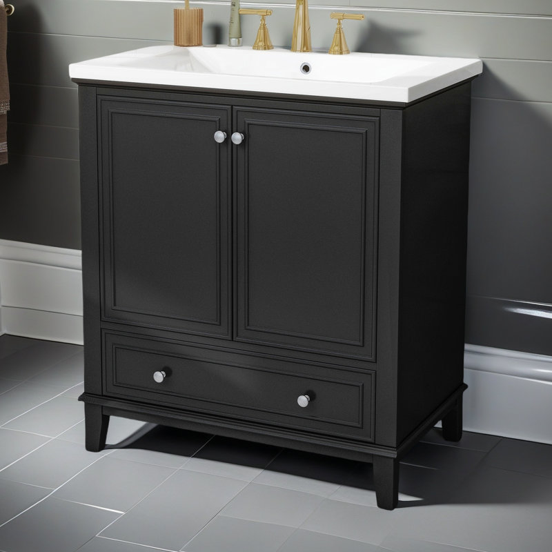 Ensemble de meuble-lavabo 30 po avec lavabo, armoire de salle de bain multifonctionnelle avec portes et tiroir, structure solide et panneau de fibres à densité moyenne