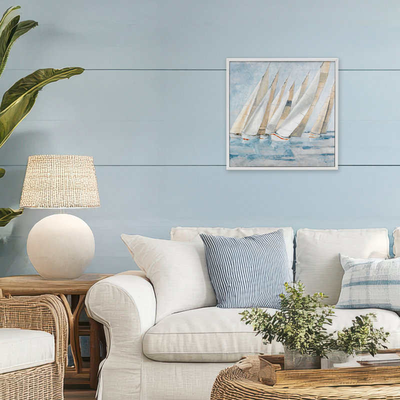 Voilier, régate côtière, scène giclée, design par Lorenzo Collective, H 17 po x l 17 po, Giclée encadrée blanc bord de mer