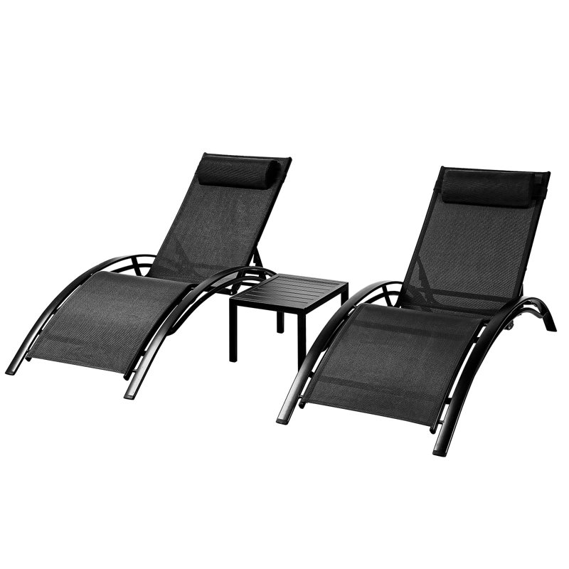 60'' Long Reclining Chaise Lounge Set with Cushions and Table, Black