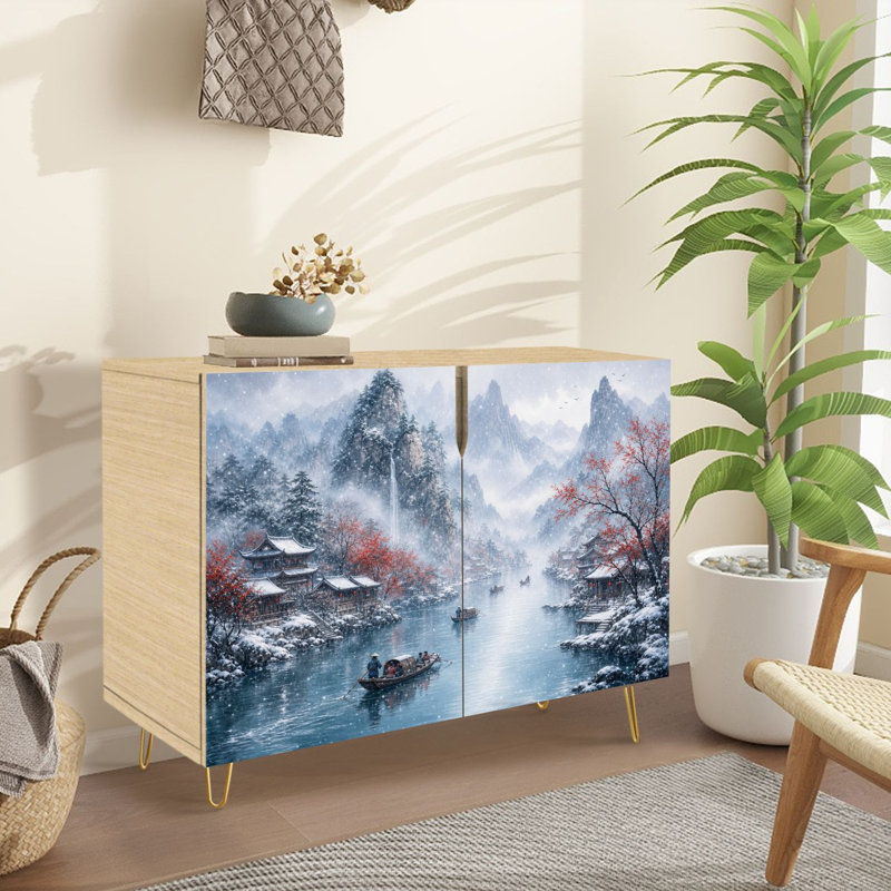 Buffet avec rangement Serene Winter Village par Mountain River Falling Snow Red Trees avec 2 portes pour le salon et la cuisine