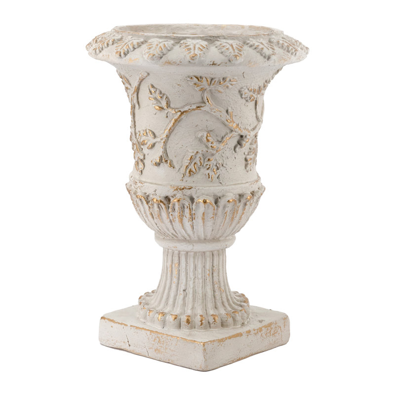 14X14x20.5" Ornate Magnesium Urn Planter With Distressed White Finish And Carved Details