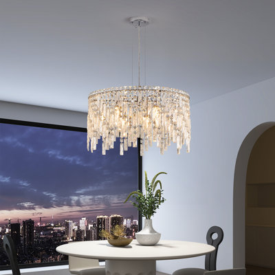Chrome Crystal Chandelier With Circular Beaded Fringe, Modern Glam