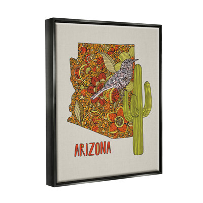 Arizona State Bird détaillée, motif de cactus floral par Valentina Harper - cadre flottant, impression sur toile