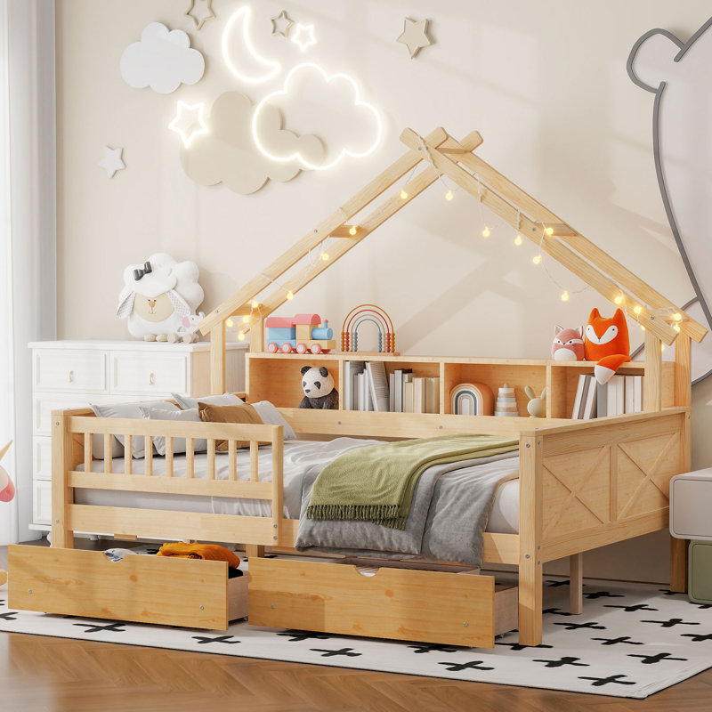 Full Size Wood Platform Bed With Storage And Guardrail, Natural