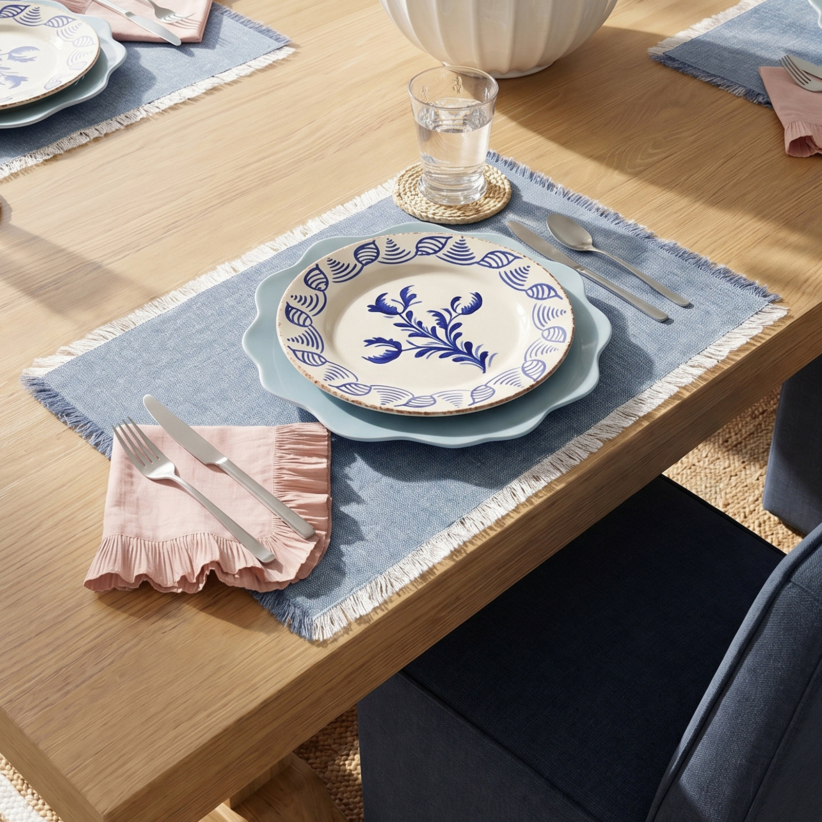 Woven Frayed Chambray Placemat, Blue