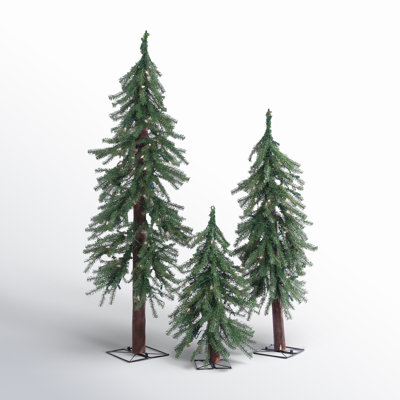 Elegant 3 Piece Pre Lit Alpine Tree Set With Warm White LED Lights
