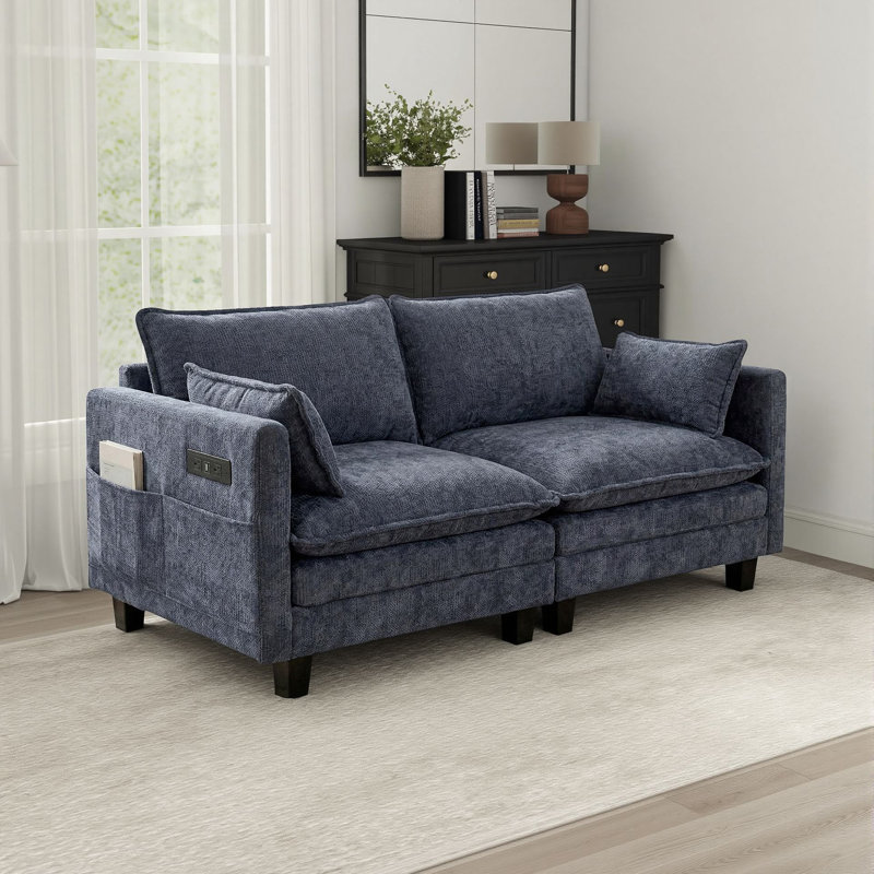 Canapé rembourré en chenille de 74 po avec deux ports de chargement USB pour salon, bureau et appartement, Bleu grisâtre