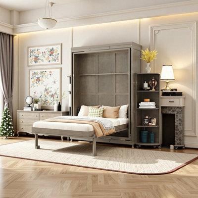 Grand lit escamotable rotatif avec double bureau intégré et tablettes de rangement