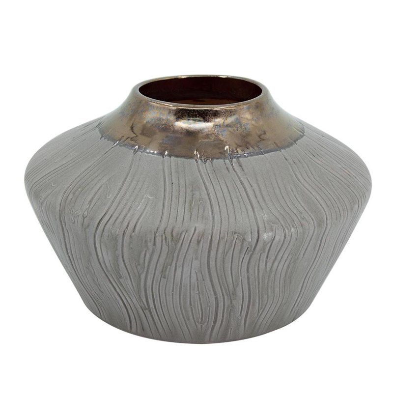 Vase de table rond 7 po bronze et céramique grise