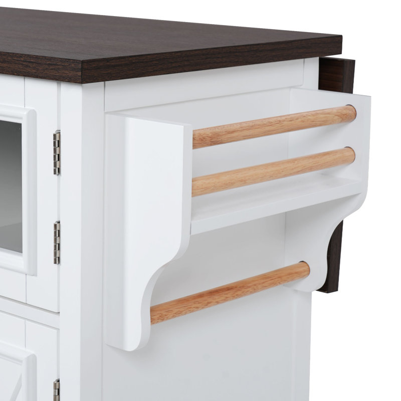 54.9" Kitchen Island with Drop Leaf, Power Outlet, Kitchen Storage Cart with 4 Door Shelves, Cross Barn Doors & Visual Glass Door, Rolling Kitchen Island on 4 Wheels for Kitchen, Dining Room,White