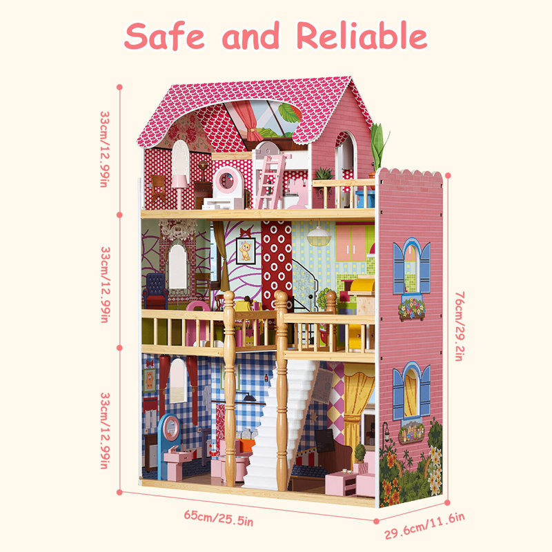 Wooden Dollhouse For Kids With Furniture Accessories For Birthday And Christmas