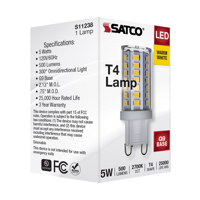 5 Watt (40 Watt Equivalent), T4 LED, Dimmable Light Bulb, G9/Bi-pin Base, 2700K