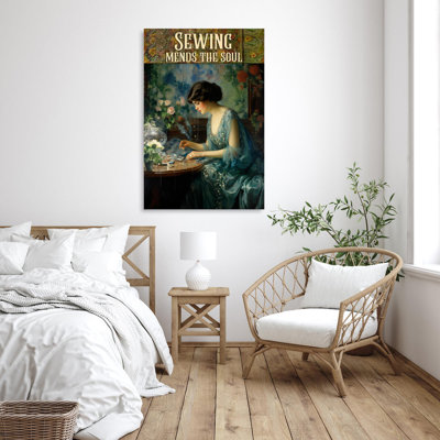 «Lysha Woman Sewing Mends The Soul», reproduction d'art rectangulaire sur toile tendue sur toile tendue