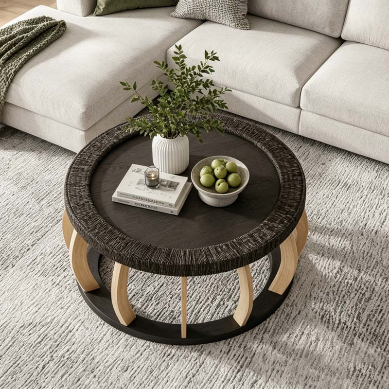 Table basse ronde en bois massif 35,43 po, Black Brown
