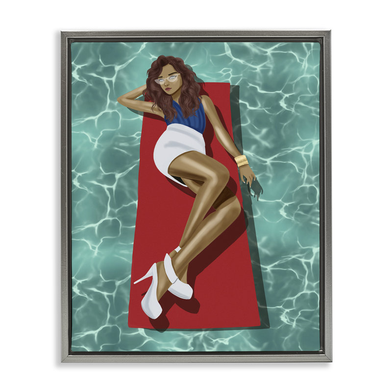 «Lounging on Pool Raft» par Saba Rauf, Cadre flottant gris lustré, H 21 po x l 17 po