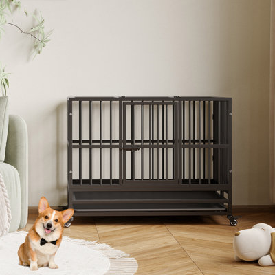 Cage pour chien robuste en acier de 37 po, chenil indestructible à l'épreuve des fuites avec roues et plateau amovible, niche pour chien d'intérieur / extérieur sécuritaire pour animaux de compagnie anxieux