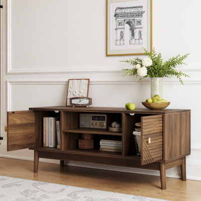 43.3" Mid-Century Modern TV Stand for TVs Up to 45 Inches | Walnut Entertainment Centre with Grille Doors & Adjustable Storage | Media Console for Living Room, Bedroom, or Small Space