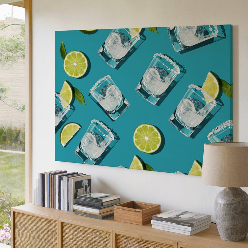 «Canvas A Vibrant Playful Composition» présente un ensemble de verres d'art transparents, chacun rempli de liquide cristallin et d'art sur toile bordé