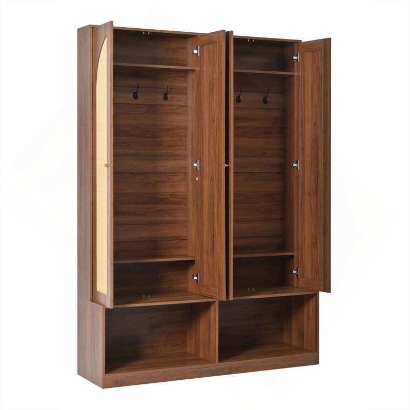 Farmhouse 4-In-1 Hall Tree With Rattan Doors And Storage Bench, Walnut, Walnut