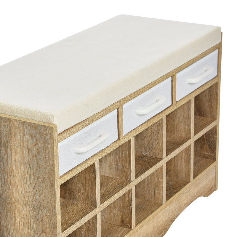 Coastal Oak Shoe Bench with Beige Cushion and Drawers, Coastal Oak/Solid