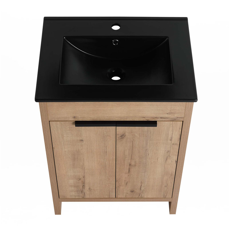Meuble-lavabo autoportant avec lavabo en céramique, Noir, noir, noir, noir, Imitation chêne