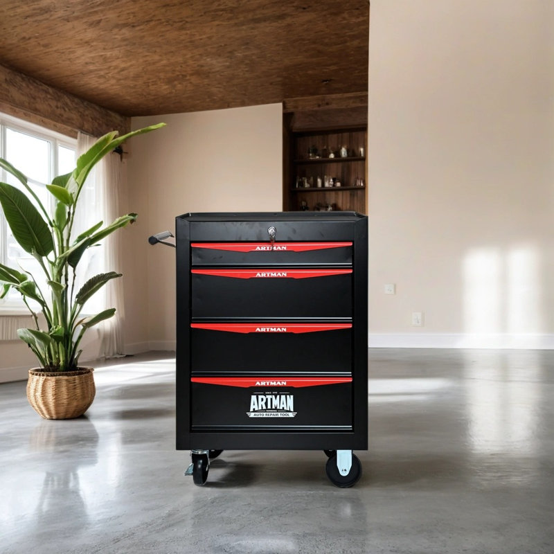 Multi-function 4-drawer Tool Trolley - Powder-coated Steel With Lockable Drawers & Tool Tray, Red & Black