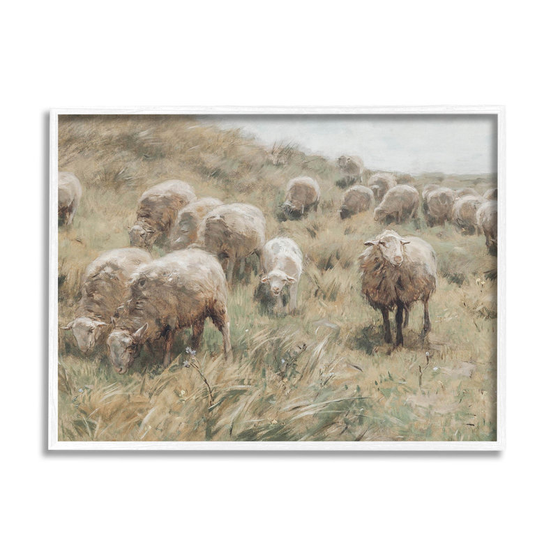 White Framed Rural Sheep Grazing Field Landscape Painting Print