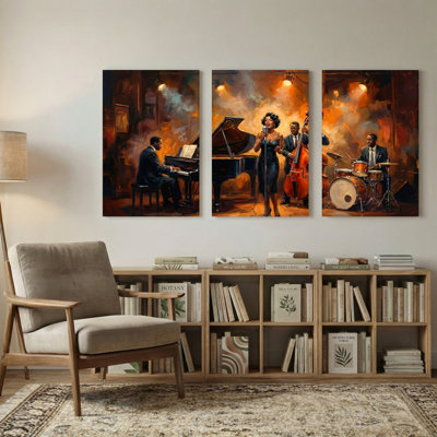 Ensemble de 3 reproductions d'art sur toile abstraites Jazz Band Performance In Warm Lighting