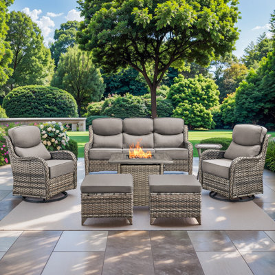 High Back Outdoor Furniture With 6-Inch Extra Thick Cushions, Patio Furniture Set With Fire Pit Table & Swivel Chairs, 7 PCS Wicker Conversation Set For Yard, Deck, Poolside
