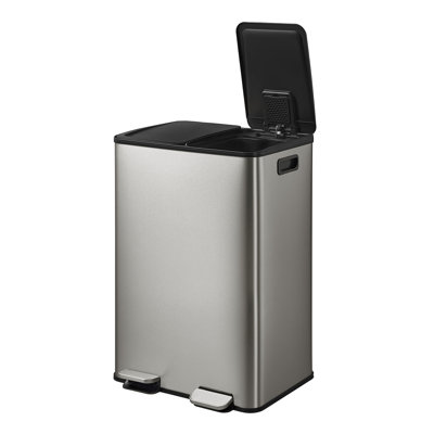 60L Dual Compartment Stainless Steel Kitchen Trash Can Set With Inner Buckets, Trash Bags