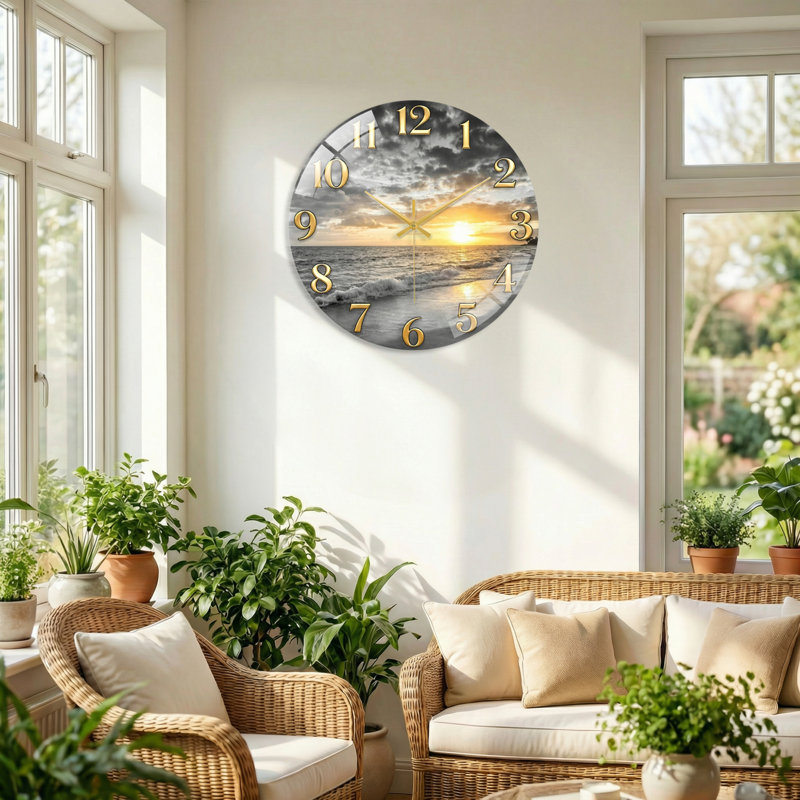 Horloge murale décorative en verre Sunset Ocean, 60 x 60 cm (23,6 x 23,6 pouces)