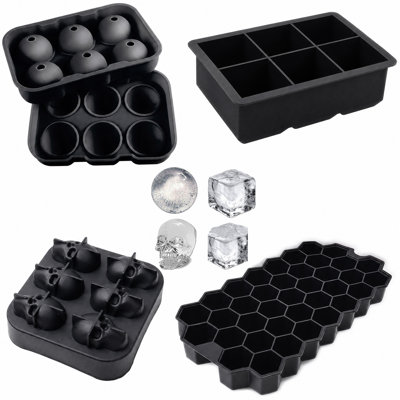 4-pieces Silicone Ice Mold Freezer Tray,Sphere Ice Molds and 37 Grid with Lid.Large Square & Ice Cube Skull Head Style Mold,BPA-Free Silicone,Easy Releasease