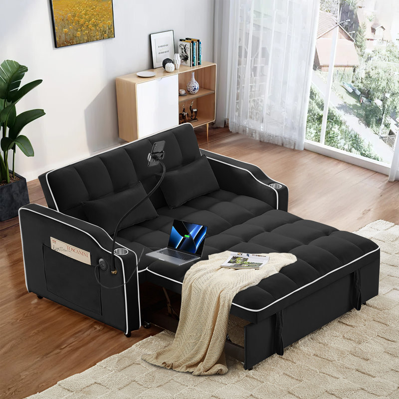 Sleeper Sofa Couch Bed with Phone Holder, Modern 3-in-1 Convertible Velvet Pull Out Loveseat Futon Sofa with USB & Type C Port & Cup Holder for Living Room Bedroom Office