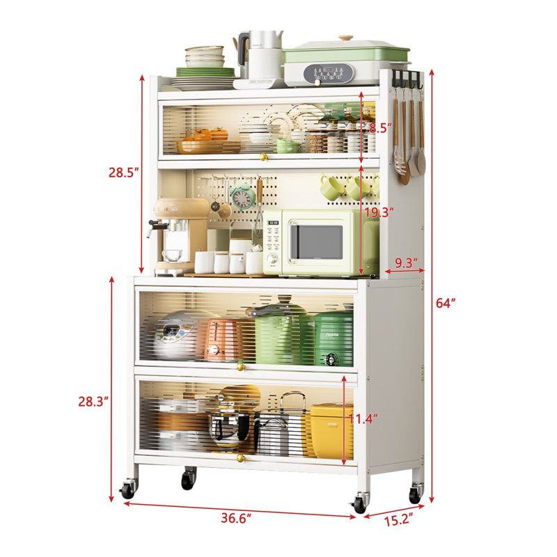 Étagère de boulanger de 65 po de hauteur à 5 niveaux avec armoire à porte rabattable et crochets, blanc, Blanc