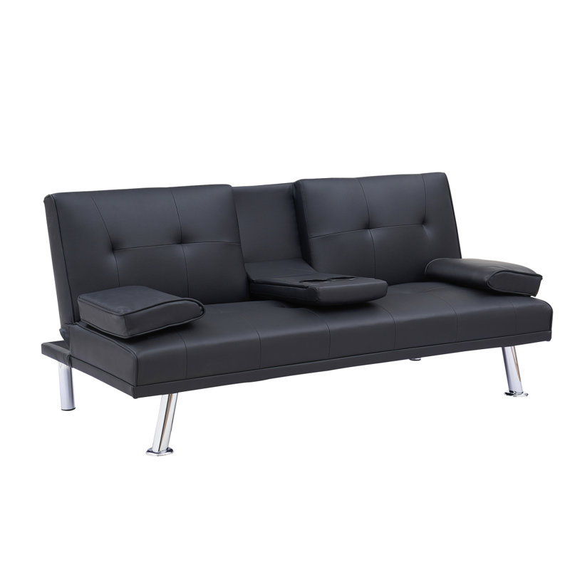 Canapé-lit double pliant en cuir noir avec table basse assortie, conception multifonctionnelle