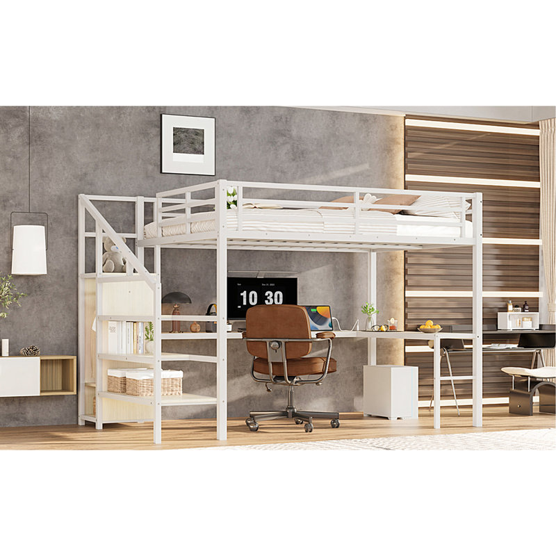 Lit mezzanine à grain de bois avec, escaliers, DEL et rangement pour la conception d'espace de la chambre à coucher