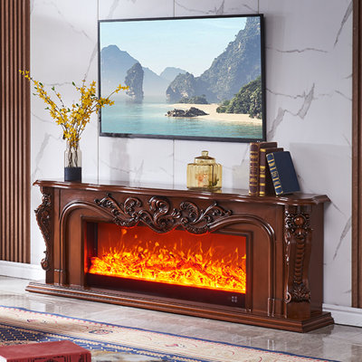 Meuble télé avec foyer en bois manufacturé brun massif