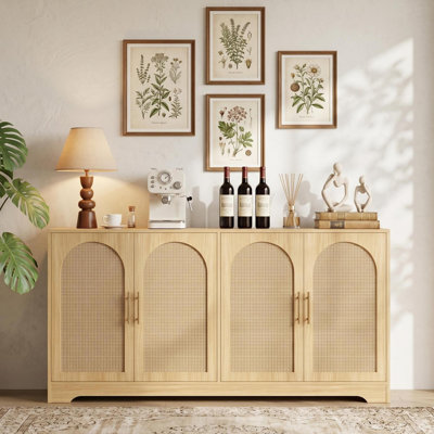 59" Rattan Sideboard Buffet Cabinet - Storage Cabinet with 4 Doors, Modern Console Table Accent Coffee Bar Cabinet for Living Room, Kitchen, Brown