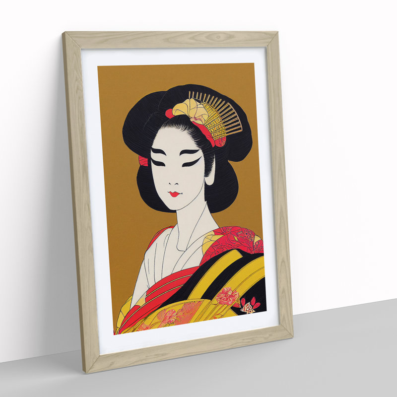 Beauty of a Geisha - Wall Art, 36cm H x 27cm W x 2cm D, Oak Framed, White