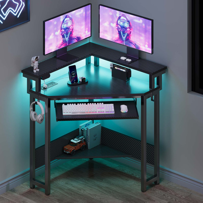 Loferski Corner Desk with Power Outlets & LED Lights, Triangle Corner Desk with Monitor Stand & Keyboard Tray for Small Space