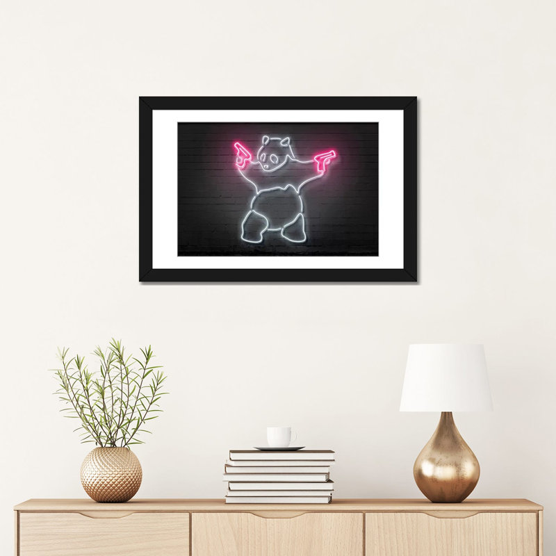 «Panda with Guns», impression sur toile, Papier d'art encadré noir, H 16 po x l 24 po x P 1 po, Blanc