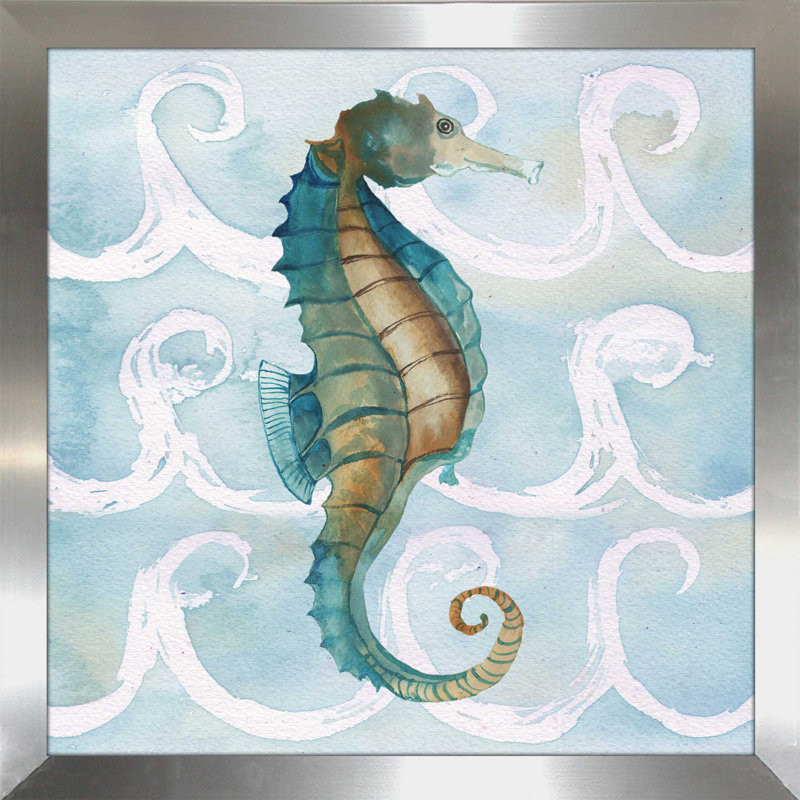 «Sea Creatures on Waves II», reproduction de peinture à l'aquarelle, H 37,5 po x l 37,5 po x P 1 po, Encadrement argenté