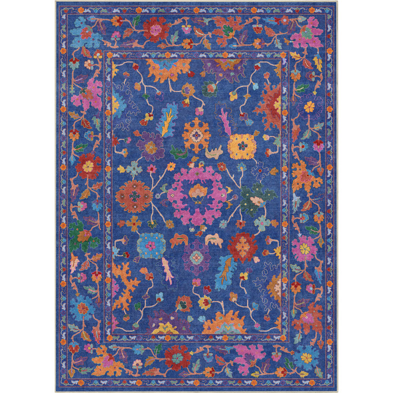 Bungalow Rose Adrith Bodrum Vintage Bohemian Floral Blue Multi Area Rug, Rectangle 6' x 9'