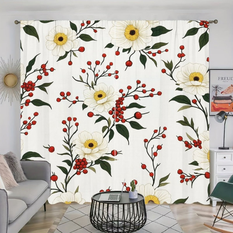 2 pièces rideaux à motif floral de baies blanches, rideaux de fenêtre à passe-tringle, design naturel élégant, décoration de fenêtre d'étude de salon