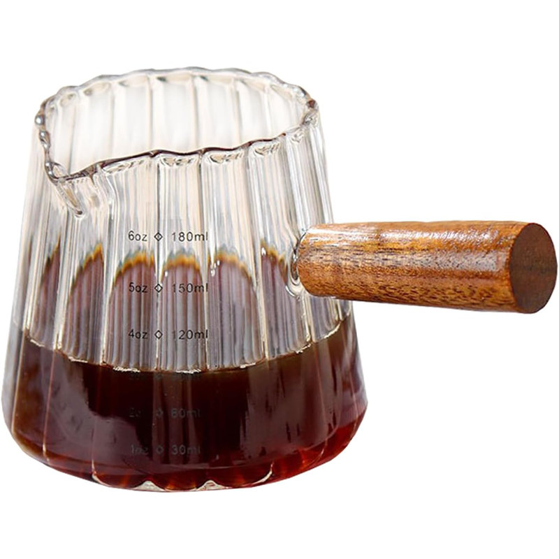 Tasse à mesurer en verre espresso avec poignée en bois - Conception à nervures rétro à double échelle