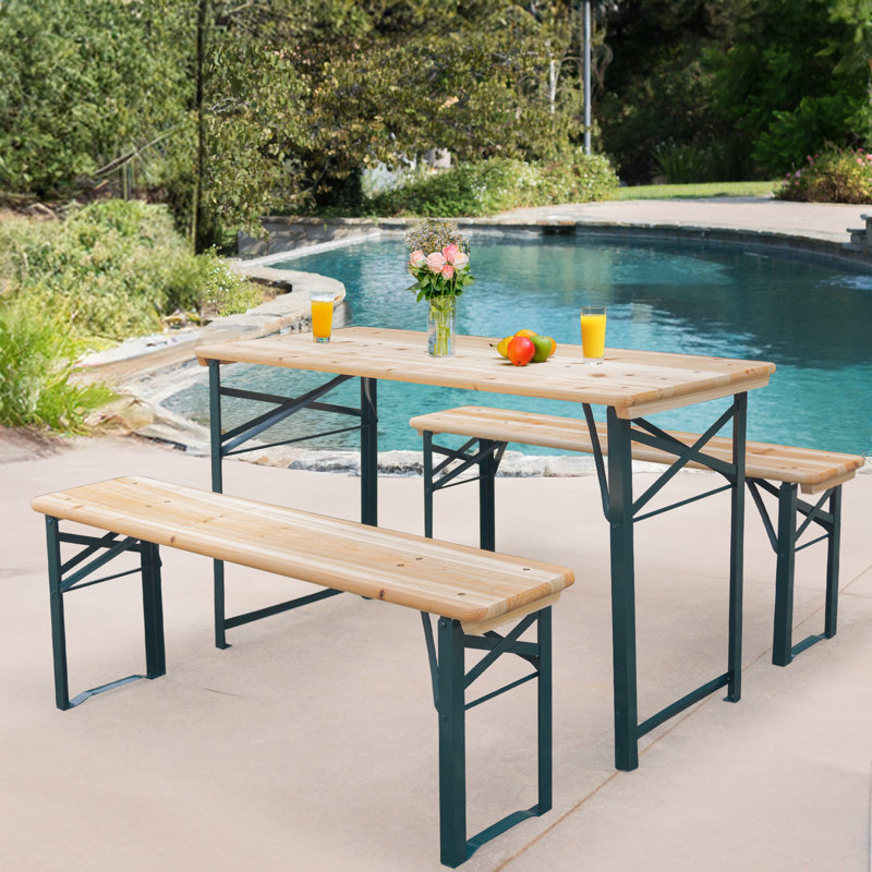 Picnic Table Bench Set of 3, Foldable Wooden Picnic Table with Benches, Outdoor Dining Table with Metal Frame, Picnic Folding Table for Patio, Lawn, Garden