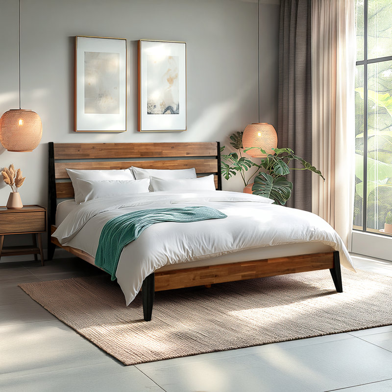 Acacia Christoper Premium Solid Wood Bed Frame, Platform Bed with Headboard Included, Mid century Modern Wood Bed, No Box Spring Needed, Fits All Mattresses