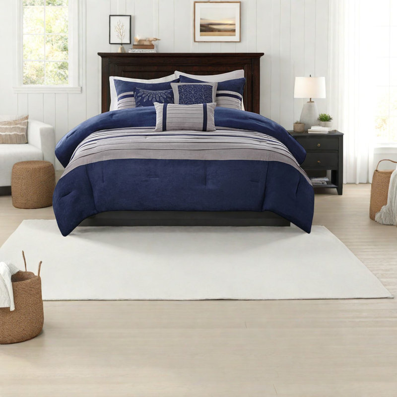Ensemble de literie luxueux 7 pièces en faux suède bleu pour chambre à coucher moderne