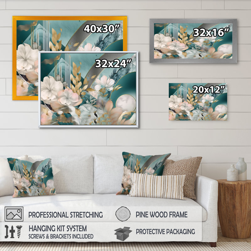Motif floral doré doré et rose III - impression, Cadre photo noir, H 12 po x l 20 po x P 1 po