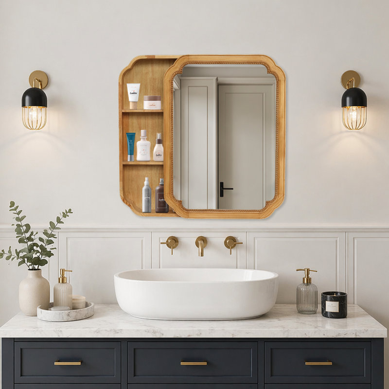 Armoire à miroir murale en bois avec tablettes de rangement, idéale pour la salle de bain et le vestibule